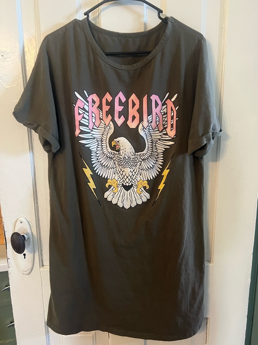 Freebird Graphic Eagle T-Shirt Dress in Olive
